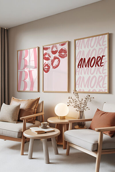 Zestia Set de 3 tablouri cu rame din lemn, Baby & Amore – Tonuri de roz, Set ...