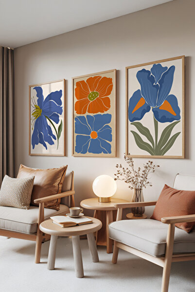 Zestia Set de 3 tablouri cu rame din lemn, flori albastre și portocalii – Bot...