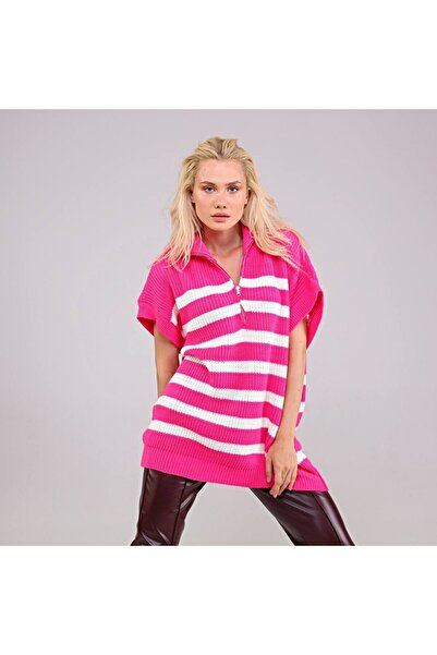 EDZ Women's Pink Knitwear Short Sleeve High Neck Zippered Loose Fit Oversized Pattern Tunic