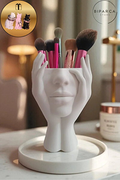 Biparca Store Kadın Silüeti Tasarımlı Makyaj Organizeri ve Fırça Tutucu - Şık Düzenleyici- Kedi Biblo Hediyeli Set
