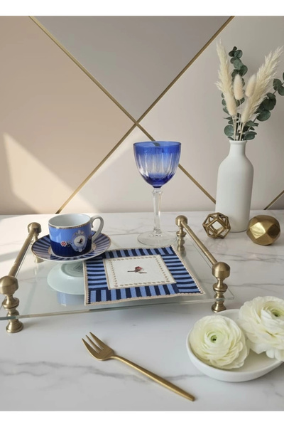 Agbtrend 2 Adet Mavi Pip Studio Uyumlu Nakışlı Love Bird Detaylı Kokteyl Sunum Peçetesi