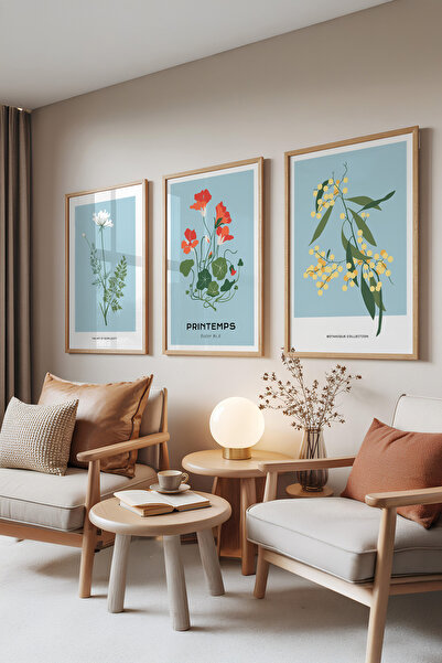 Zestia Set de 3 tablouri cu rame din lemn, Printemps – Botanică pe fundal alb...