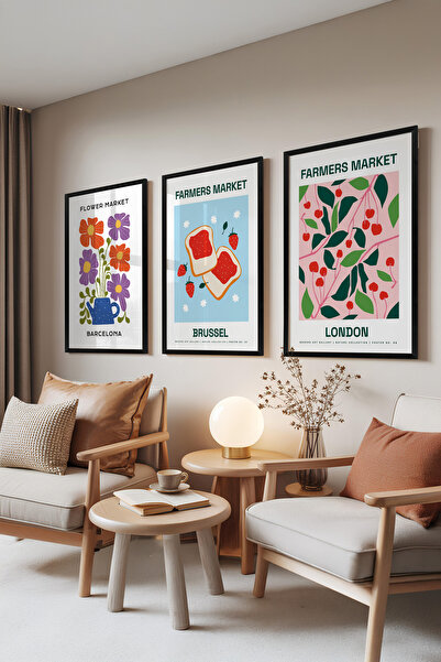 Zestia Set de 3 tablouri cu ramă neagră, Tematică Piața Fermierilor – Fructe ...