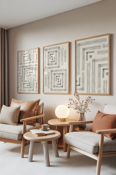 Zestia Set de 3 tablouri cu rame din lemn, modele geometrice gri – linii mode...