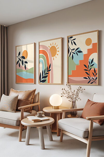 Zestia Set de 3 tablouri cu rame din lemn, Peisaj Boho – Soare și Curcubeu, S...