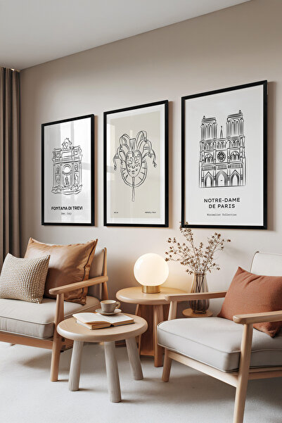 Zestia Set de 3 tablouri înrămate negre, Orașe și simboluri europene – Seria ...