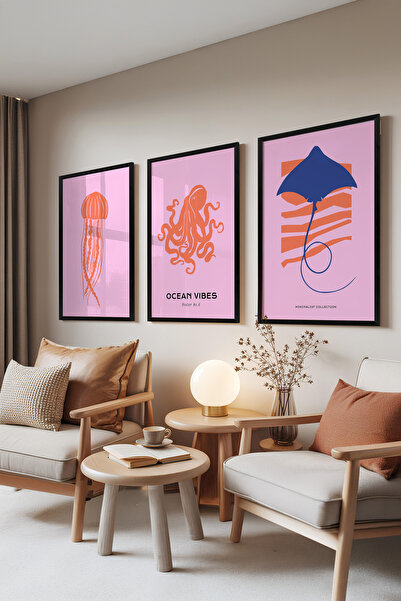 Zestia Σετ 3 πινάκων με μαύρο πλαίσιο, Θαλάσσια πλάσματα – Μέδουσες, χταπόδια...