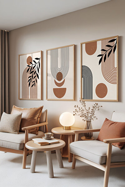 Zestia Set de 3 tablouri cu rame din lemn, model geometric maro, set pentru s...