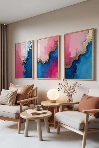 Zestia Set de 3 tablouri cu rame din lemn, modele de culori fluide albastre ș...