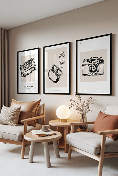 Zestia Set de 3 tablouri cu ramă neagră, casetă, căști și desene cu aparate f...