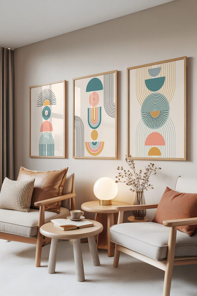 Zestia Σετ 3 Πινάκων με Ξύλινο Πλαίσιο, Γεωμετρικό Τοτέμ – Παστέλ Σχήματα, Σε...