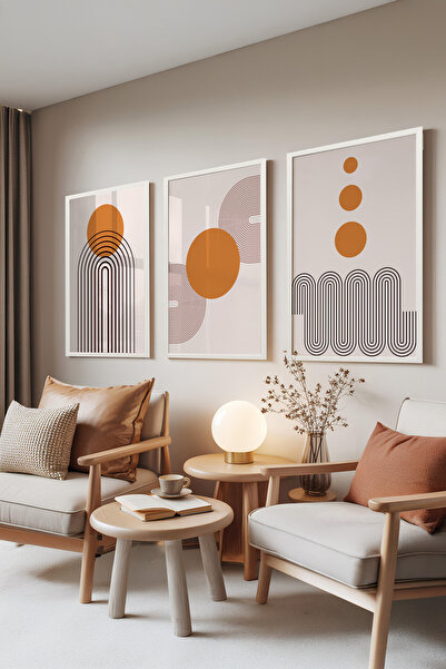 Zestia Set de 3 tablouri cu ramă albă, Soare portocaliu și modele – Stil mode...