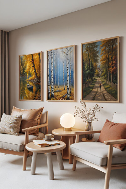 Zestia Set de 3 tablouri cu rame din lemn, picturi cu peisaje de toamnă – Păd...