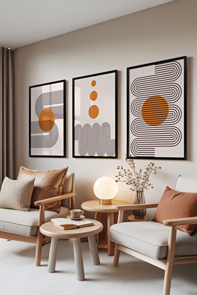 Zestia Set de 3 tablouri cu ramă neagră, forme solare minimaliste – linii mod...