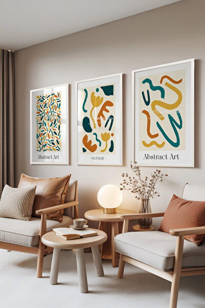 Zestia Set de 3 tablouri cu ramă albă, Matisse Abstract – Figuri colorate, Se...