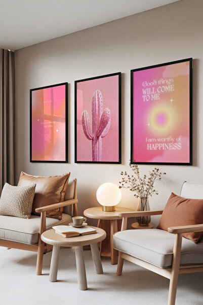 Zestia Set de 3 tablouri cu ramă neagră, cactus roz și inscripții motivaționa...