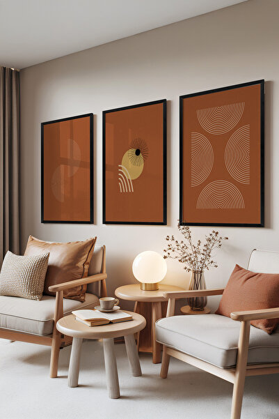 Zestia Set de 3 tablouri cu ramă neagră, Geometrie Terracotta – Stil Minimal ...