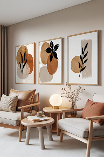 Zestia Set de 3 tablouri cu rame din lemn, Terracotta Dreams – Modele abstrac...