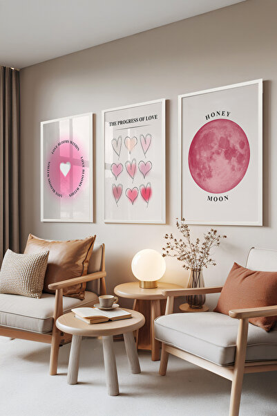 Zestia Set de 3 tablouri cu ramă albă, Evoluția Iubirii și Luna – Tonuri de r...