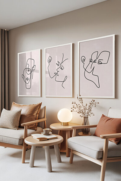 Zestia Set de 3 tablouri cu ramă albă, Line Art Faces – Linii de contur ale f...