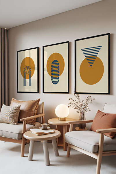 Zestia Set de 3 tablouri cu ramă neagră, Armonie Aurie – Cercuri și Linii, Se...