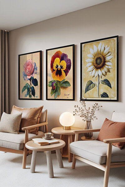 Zestia Set de 3 tablouri cu ramă neagră, trandafiri și floarea-soarelui – Flo...