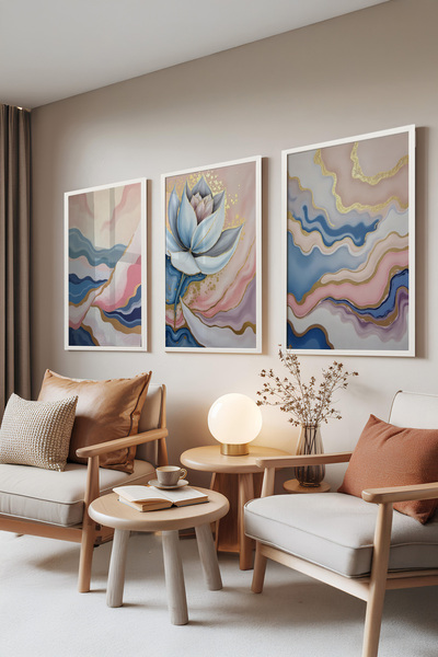 Zestia Set de 3 tablouri cu ramă albă, floare de lotus albastră și valuri col...