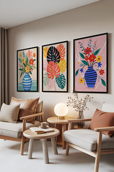 Zestia Σετ 3 πινάκων με μαύρο πλαίσιο, έγχρωμα λουλούδια σε βάζο – Τροπικό στ...