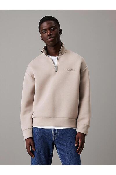 Calvin Klein Erkek Kabartma Logo Krem Fermuarlı Sweatshirt