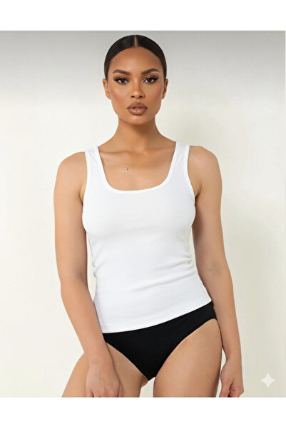 femmefinesse Λευκό γυναικείο μπλουζάκι από 100% βαμβακερό ριμπ, αναπνεύσιμο με φαρδιά τιράντες, γυναικείο μπλουζάκι Ceylanoğlu