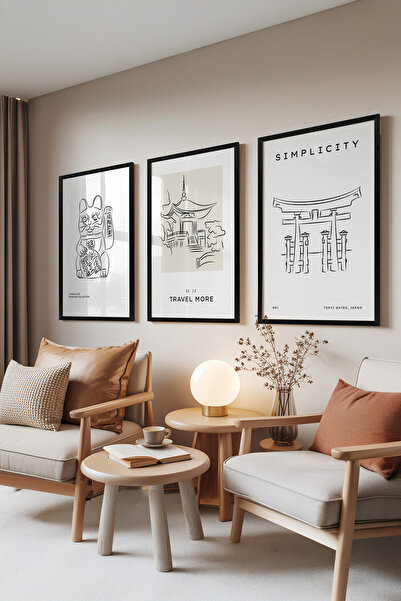 Zestia Комплект от 3 картини с черна рамка, илюстрации на японски храм, котка...