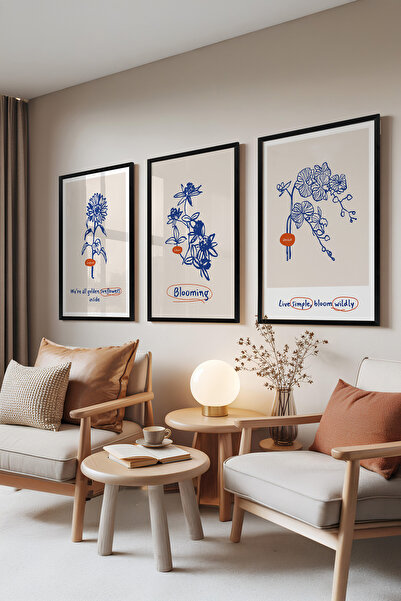 Zestia Set de 3 tablouri cu ramă neagră, ilustrații cu flori albastre – Stil ...