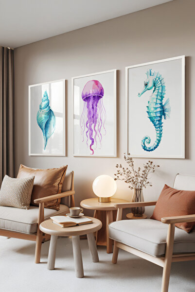 Zestia Λευκό Πλαστικοποιημένο Σετ 3 Πινάκων, Θαλάσσια Πλάσματα – Μύδια, Μέδου...