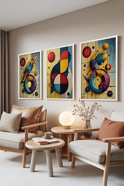 Zestia Set de 3 tablouri cu ramă albă, culori geometrice abstracte – stil ret...