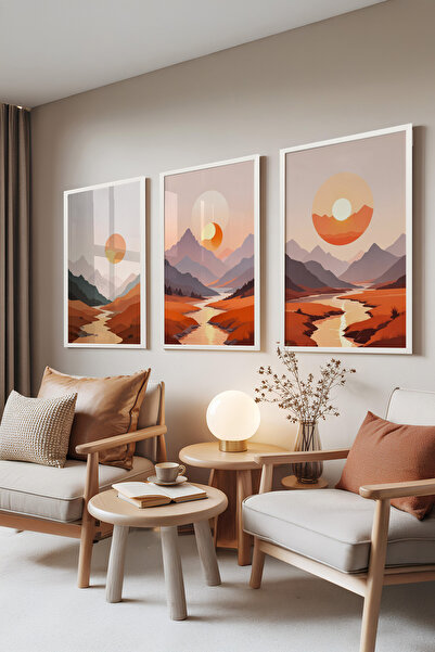 Zestia Set de 3 tablouri cu ramă albă, peisaj cu apus de soare și munte – ton...