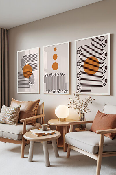 Zestia Set de 3 tablouri cu ramă albă, forme solare minimaliste – linii moder...