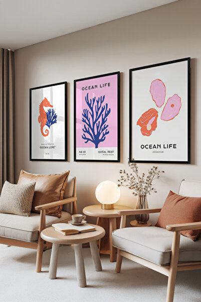 Zestia Set de 3 tablouri cu ramă neagră, Ocean Life – Căluți de mare, corali ...