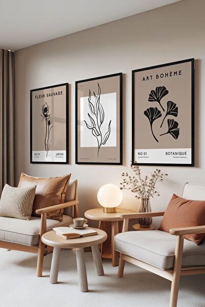 Zestia Set de 3 tablouri cu ramă neagră, modele cu flori și frunze uscate, se...