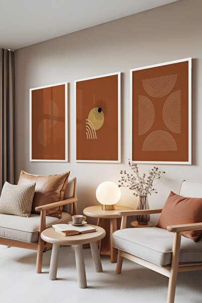 Zestia Set de 3 tablouri cu ramă albă, Geometrie Terracotta – Stil Minimal Ca...