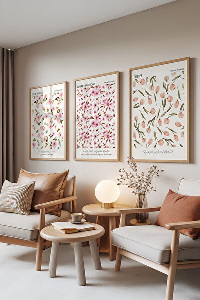 Zestia Set de 3 tablouri cu rame din lemn, modele cu flori roz, set pentru do...