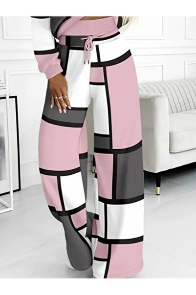 Meleners Women's Long Sleeve Hooded Lace-Up Patterned Two Thread Blouse and Pants Two-Piece Set