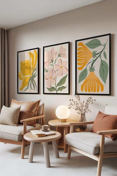 Zestia Set de 3 tablouri cu ramă neagră, Boho Flowers – Flori pastelate, Set ...