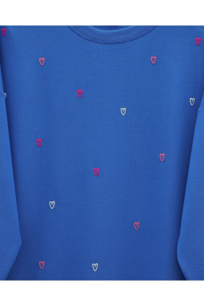 Modamorfo Round Neck Heart Patterned Combed Cotton Tunic - Blue