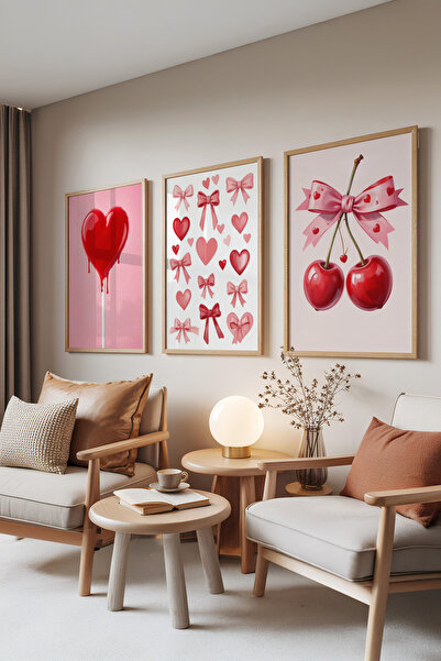 Zestia Set de 3 tablouri cu rame din lemn, Sweet Love – Inimi și cireșe, Set ...