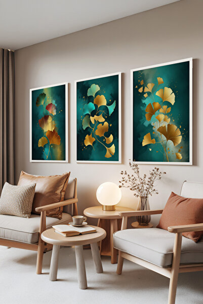 Zestia Set de 3 tablouri cu ramă albă, frunze aurii – fundal verde, set pentr...