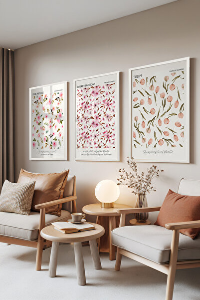 Zestia Set de 3 tablouri cu ramă albă, modele cu flori roz, set pentru dormit...