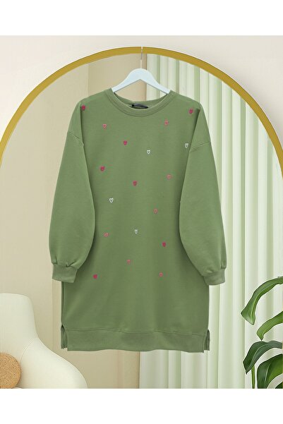 Modamorfo Round Neck Heart Patterned Combed Cotton Tunic -Çağla Y.