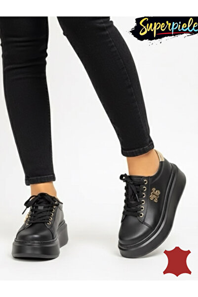 kevali Women's Casual Shoes Leather Black with Golden Insert |NESKY|