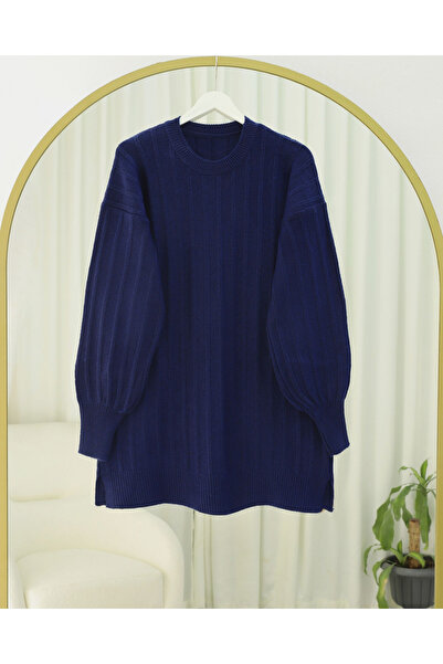 Modamorfo Corded Fabric Slit Yumoş Knitwear Tunic - Navy