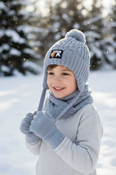 Aware Time Set de 3 piese pentru băieți de 4-8 ani, cu eșarfă din lână, mănuși și beretă